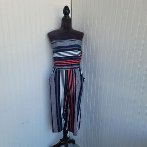Velvet Torch Jumpsuit Women Strapless Tie Waist Blue Red Stripes Stretch Sz L